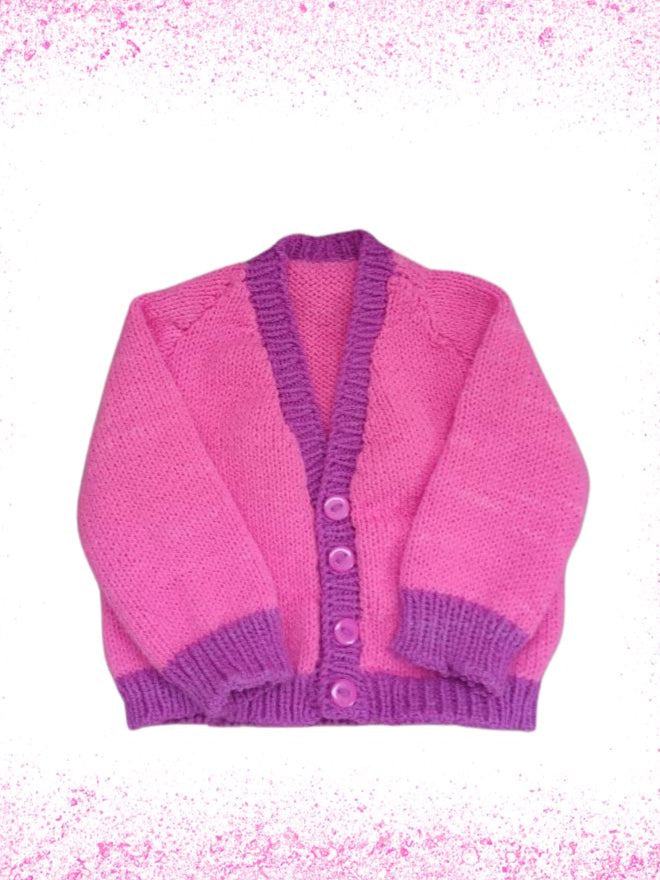 Pretty in Pink Cardigan with Purple Ribbing – Ages 12 Months to 7 Years