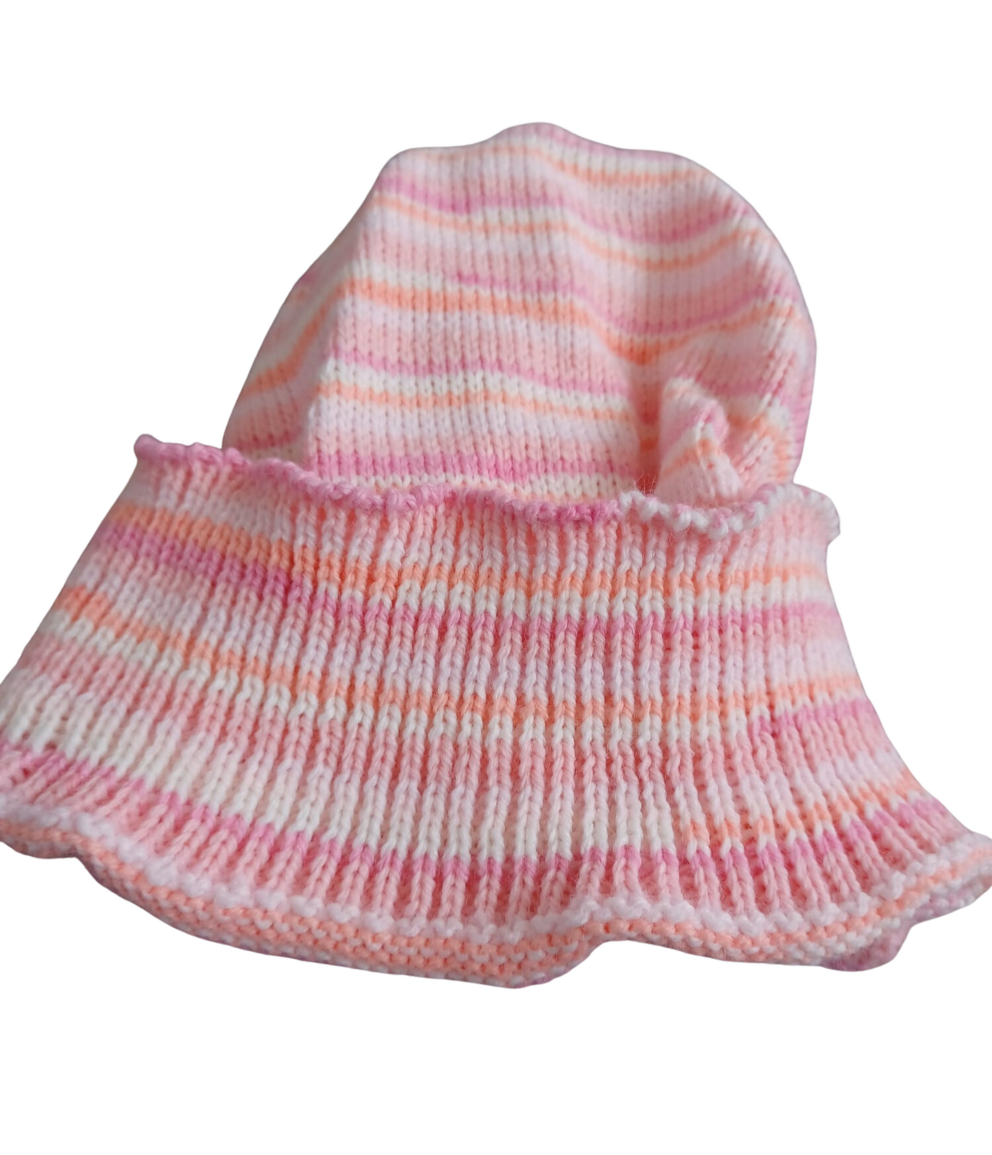Pink, peach and white striped hat. Matches the jumper in the same colours.