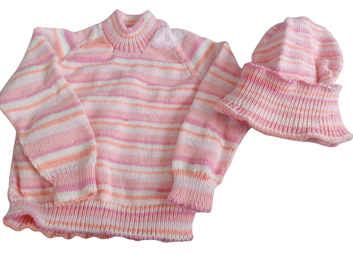 Striped Pink, Peach and White round necked Jumper