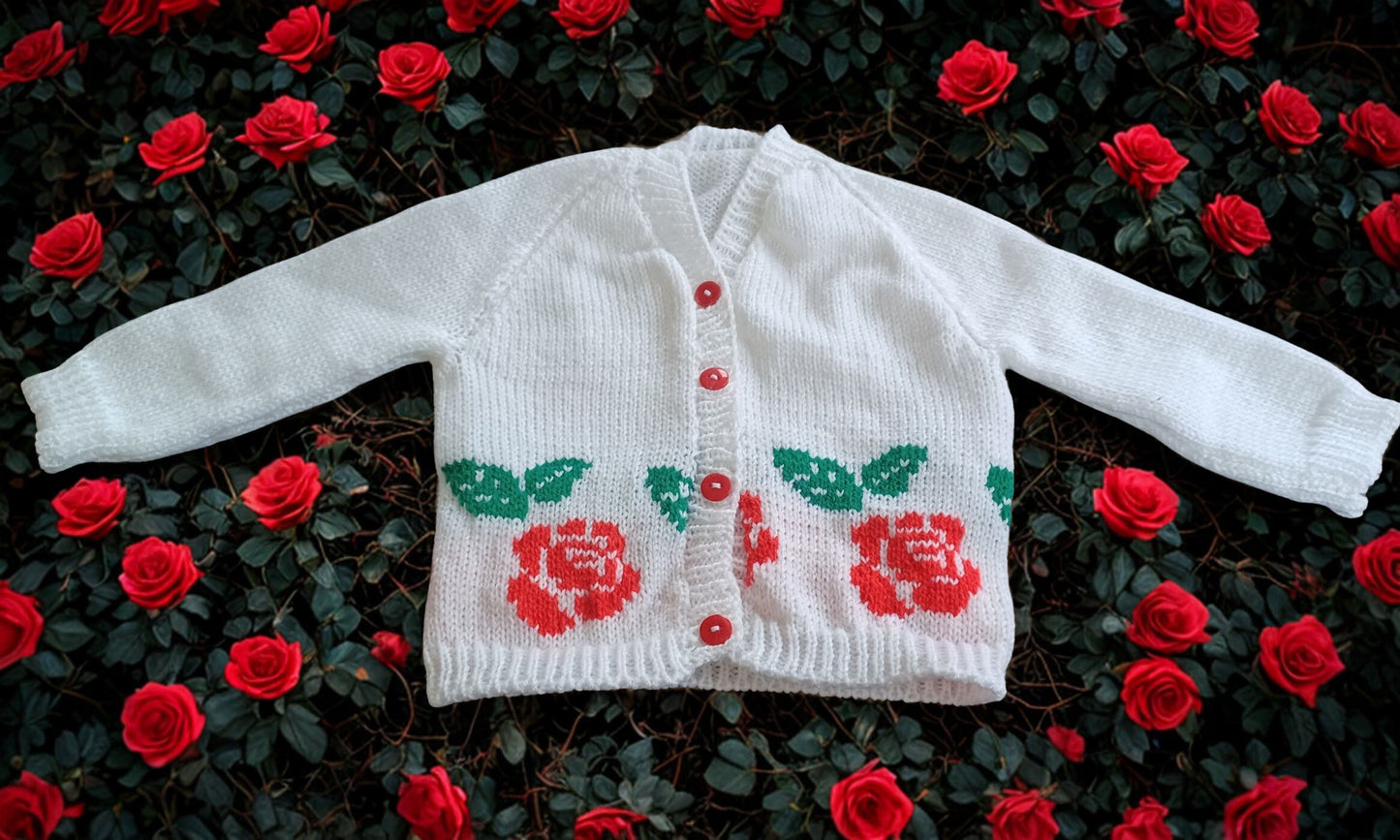 Long Sleeved White Cardigan with English Rose Motif