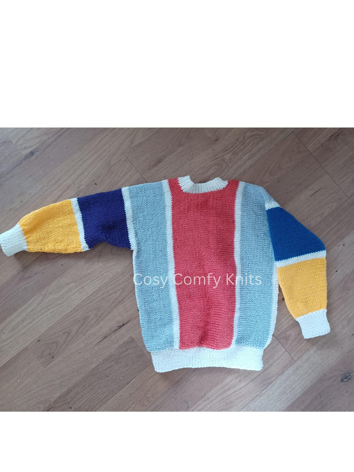 Colorful side-to-side hand-knitted jumper. Super soft