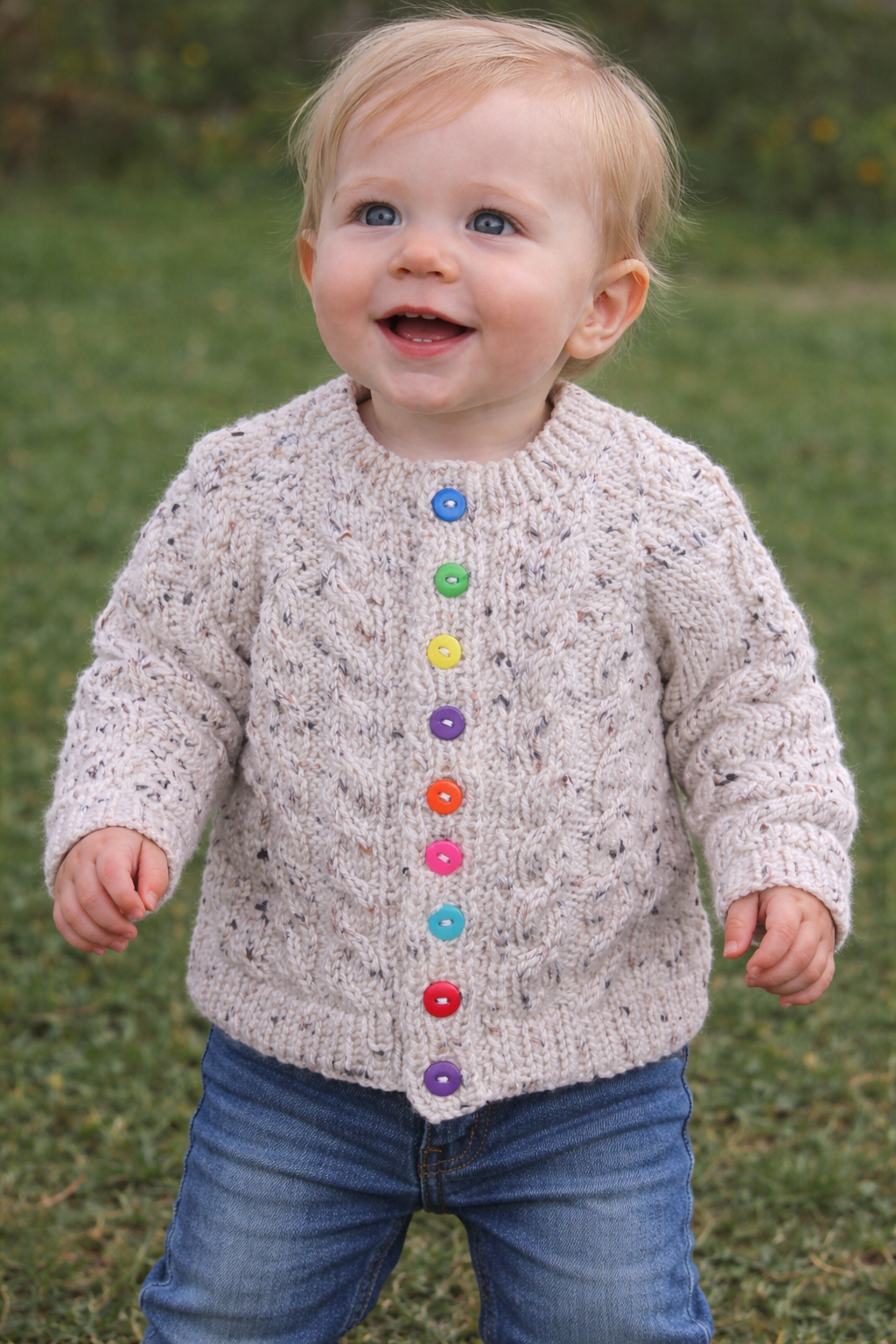 Lovely long sleeved Cardigan, in a tweed yarn with cable fronts panels and sleeves