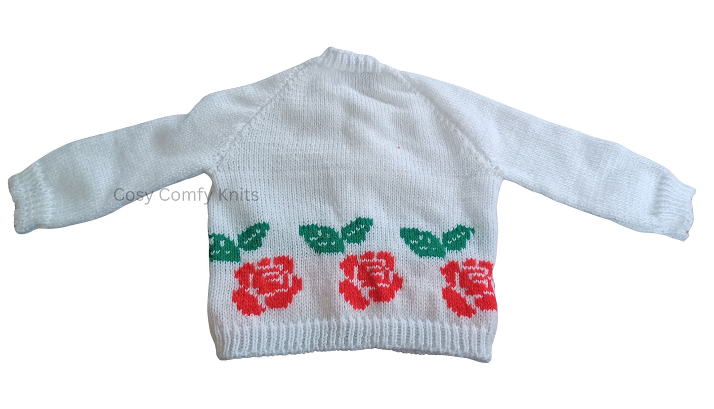 Long Sleeved White Cardigan with English Rose Motif