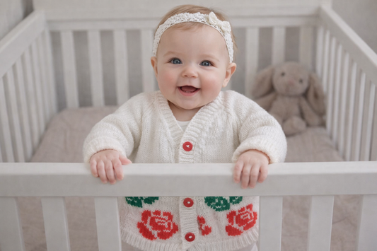 Long Sleeved White Cardigan with English Rose Motif