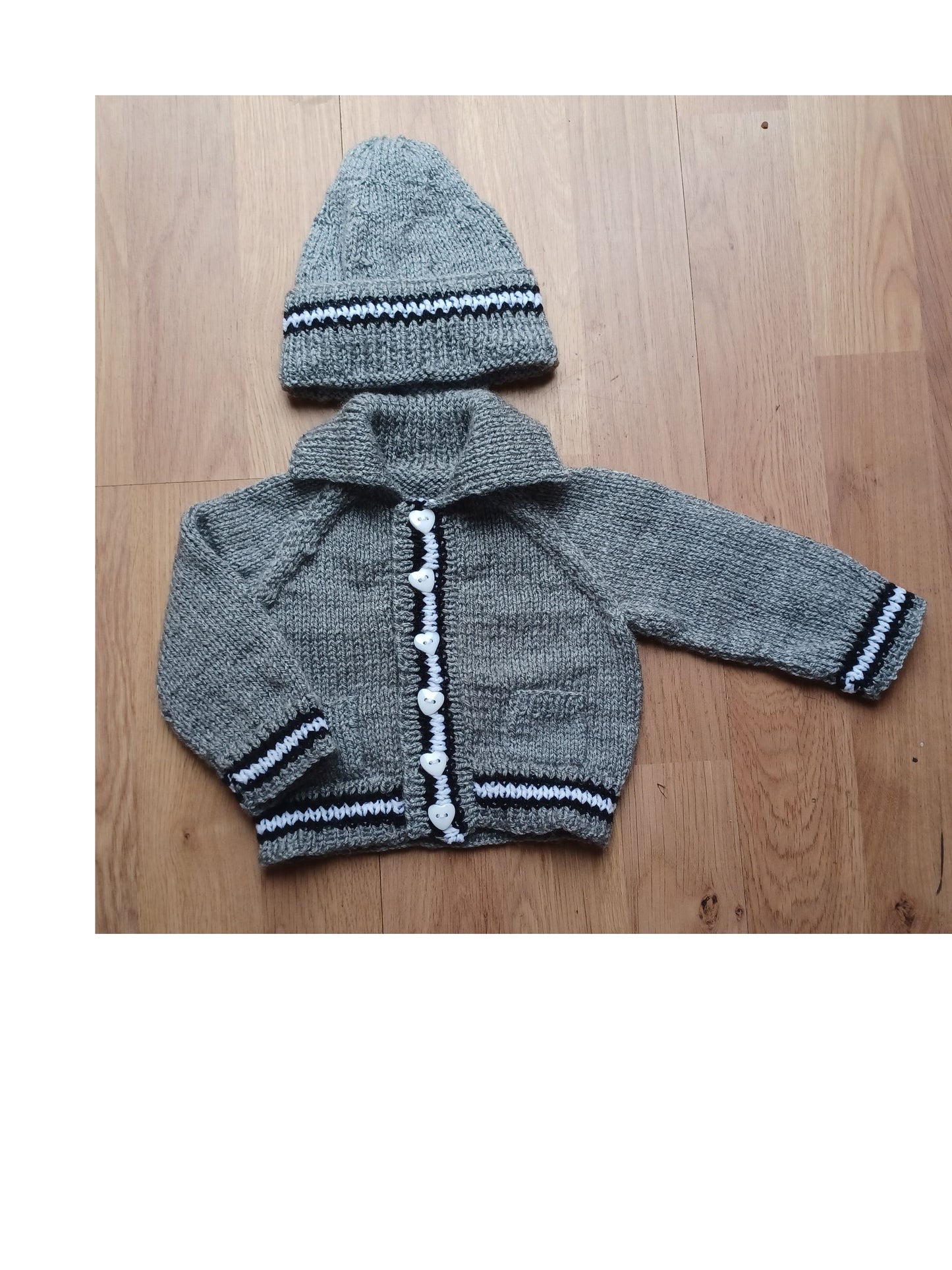 Hand Knitted Grey Cardigan with pockets, matching hat and colourful edging stripes