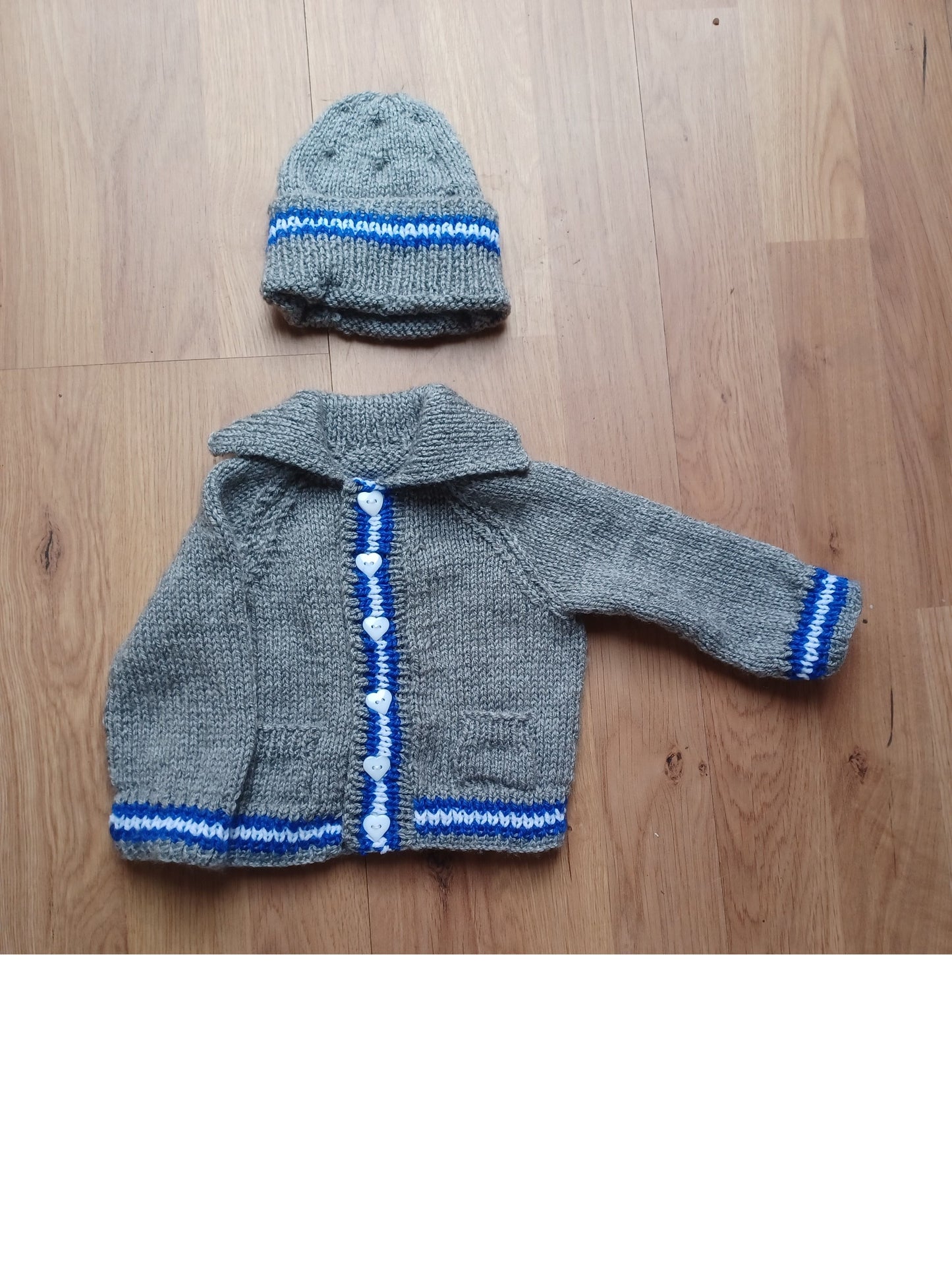 Hand Knitted Grey Cardigan with pockets, matching hat and colourful edging stripes