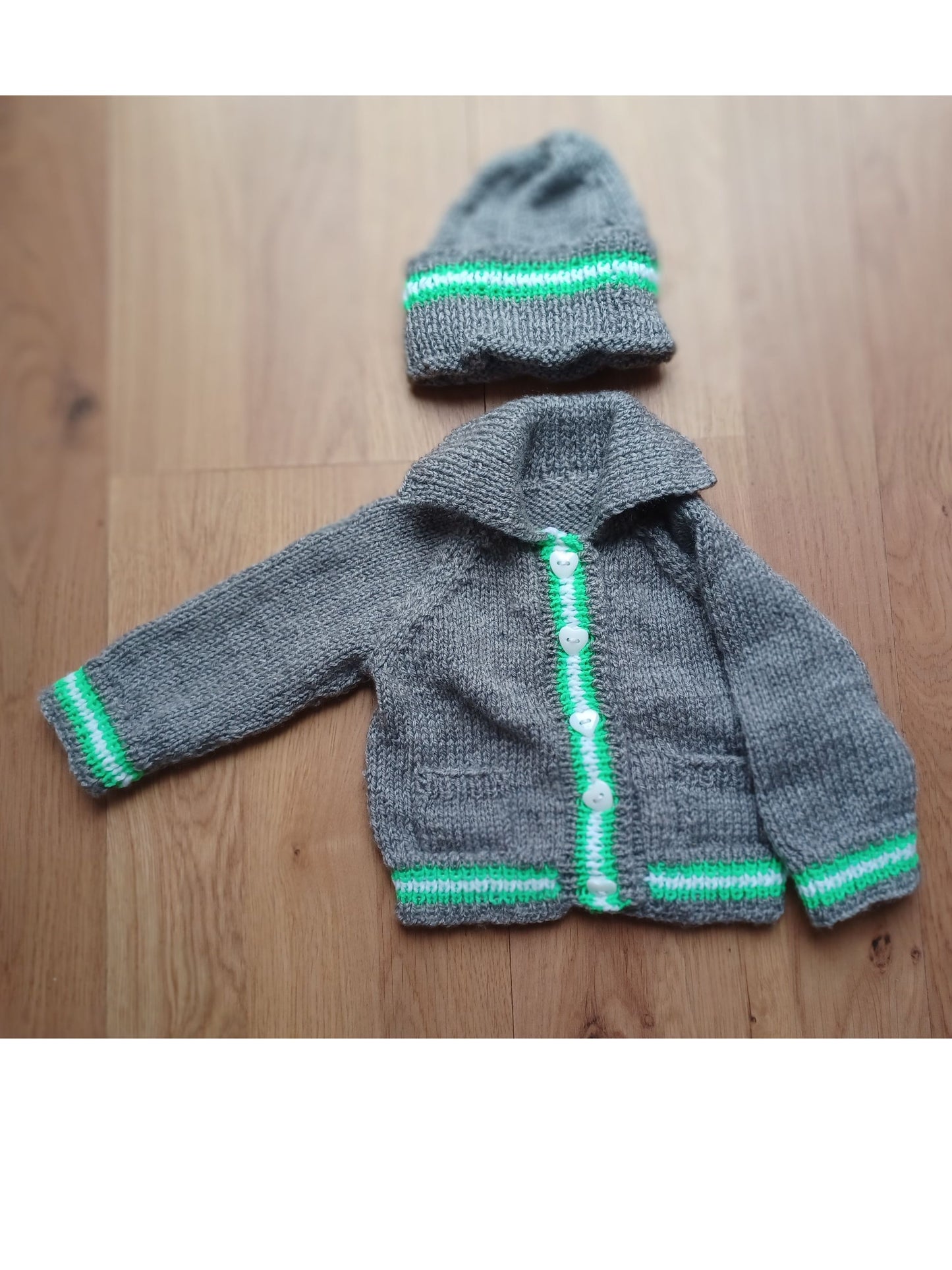 Hand Knitted Grey Cardigan with pockets, matching hat and colourful edging stripes
