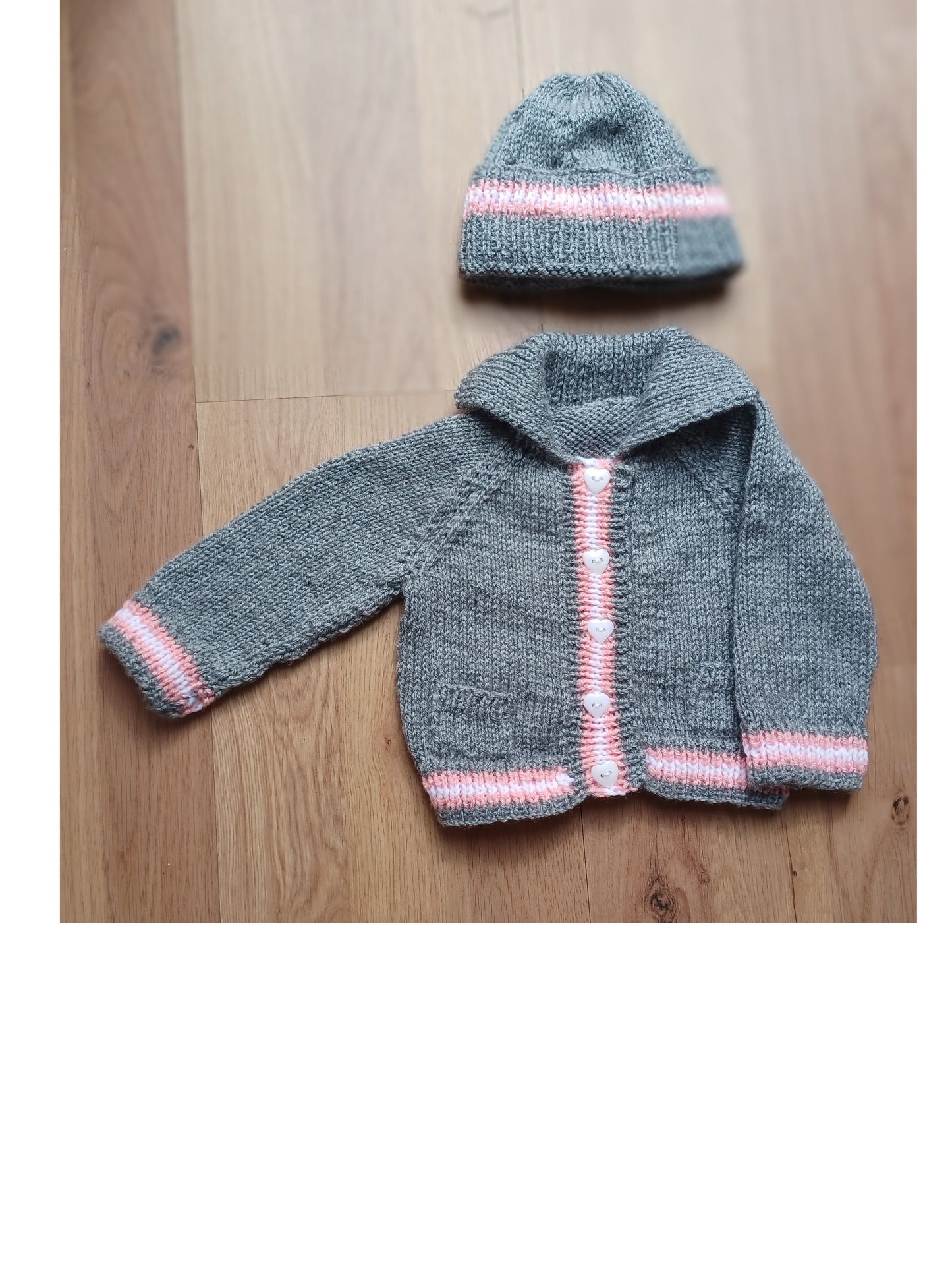 Hand Knitted Grey Cardigan with pockets, matching hat and colourful edging stripes