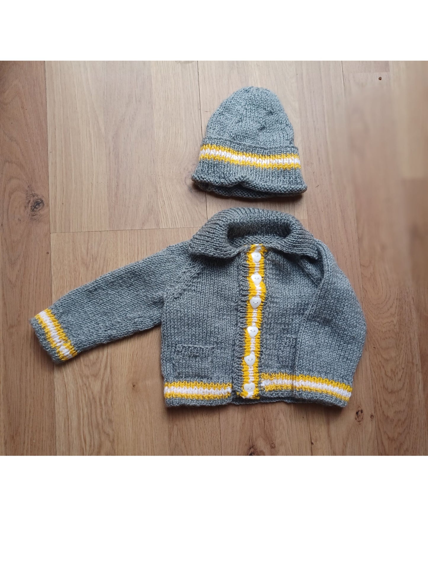 Hand Knitted Grey Cardigan with pockets, matching hat and colourful edging stripes