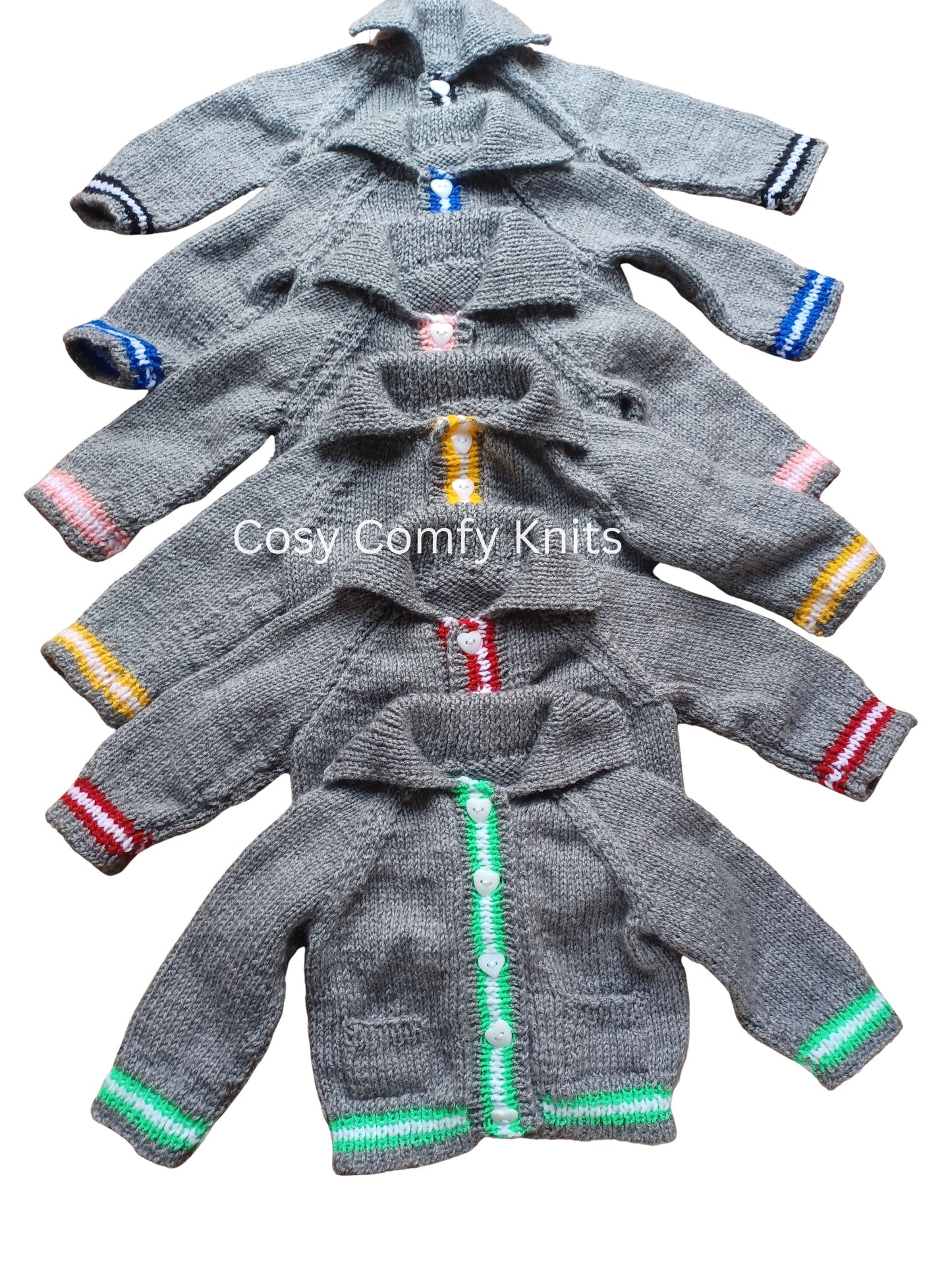 Hand Knitted Grey Cardigan with pockets, matching hat and colourful edging stripes