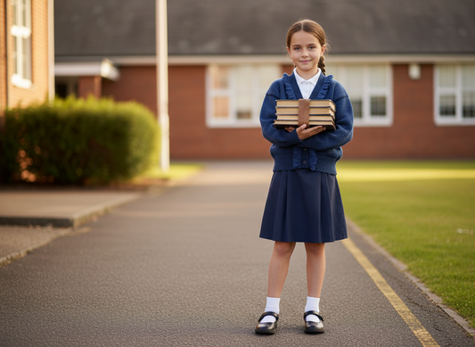 Lovely navy cardigan with a dash of lace added around the neck line, creating a distinctive look. Fabolous for home, play or school wear.
