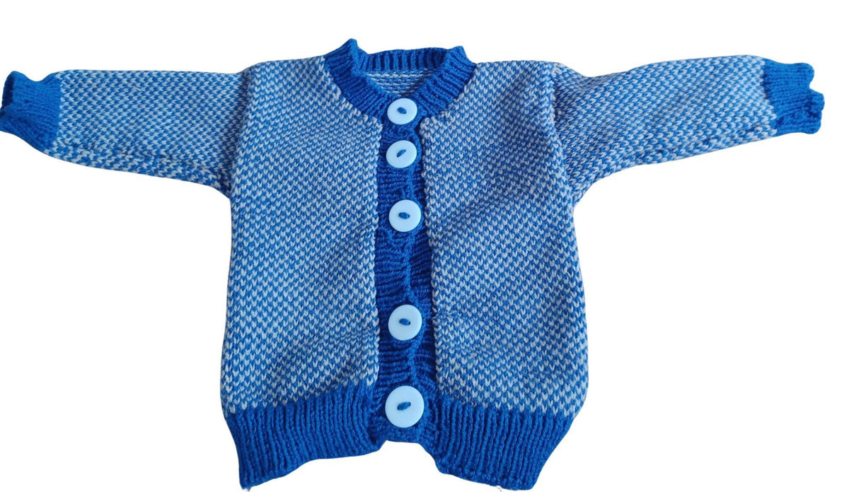 Blue & Gray Knit Cardigan: Big Blue Buttons, Cozy Kid's Wear.
