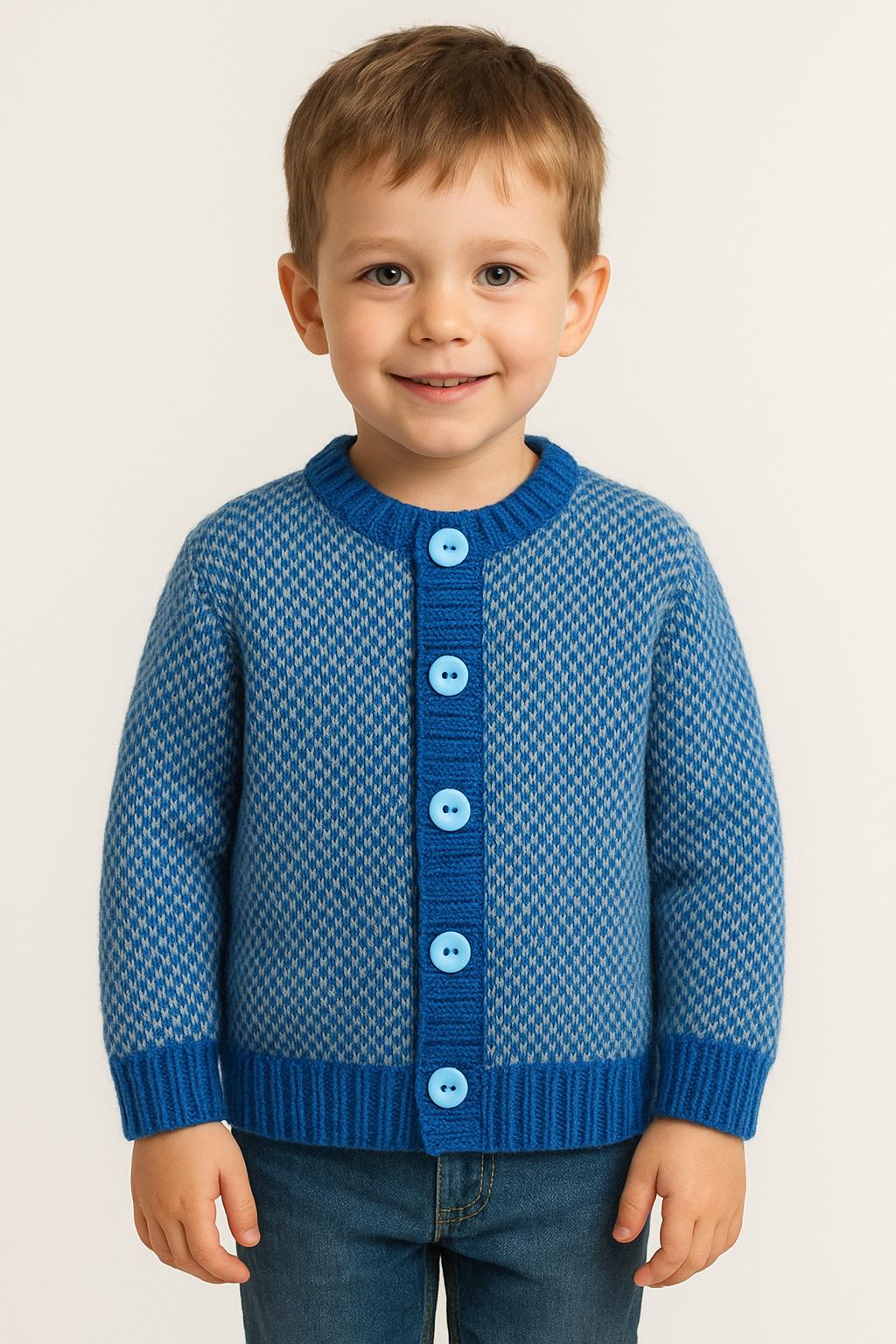 Blue & Gray Knit Cardigan: Big Blue Buttons, Cozy Kid's Wear.