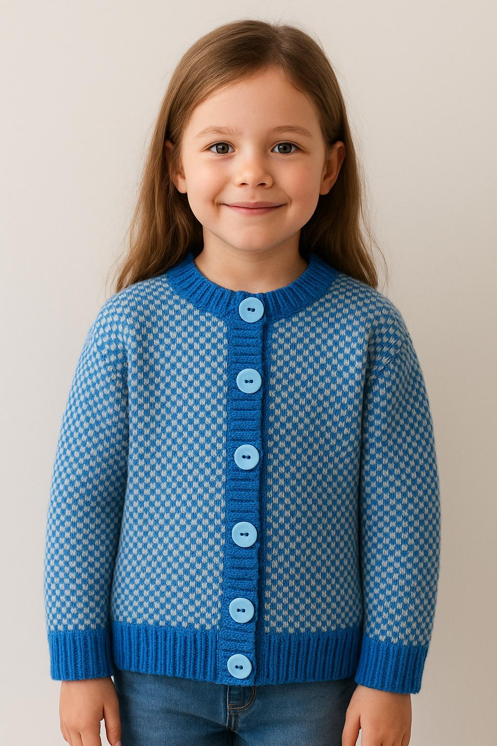 Blue & Gray Knit Cardigan: Big Blue Buttons, Cozy Kid's Wear.