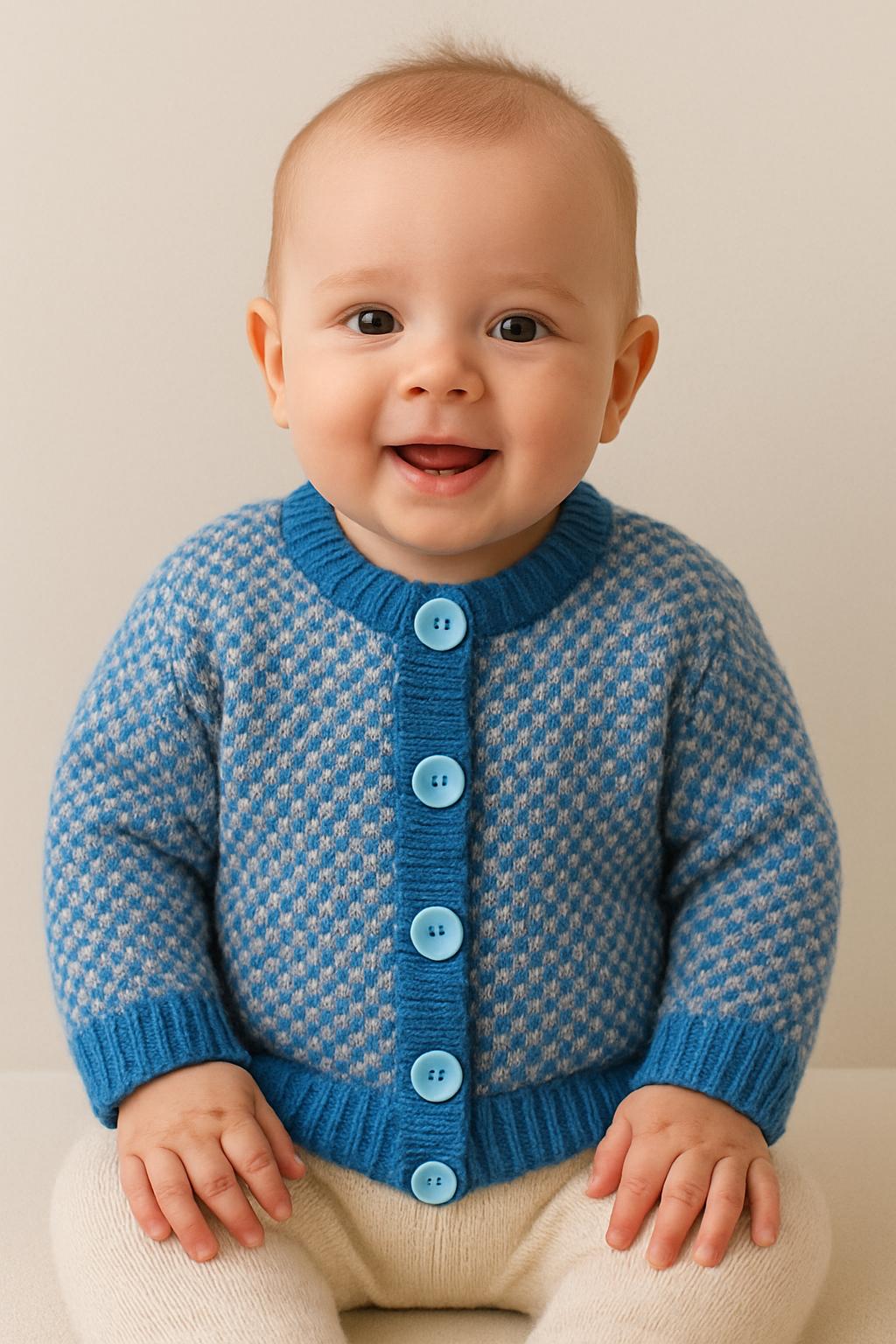 Blue & Gray Knit Cardigan: Big Blue Buttons, Cozy Kid's Wear.