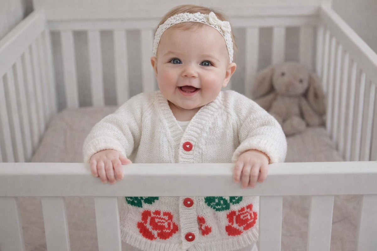 Long Sleeved White Cardigan with English Rose Motif