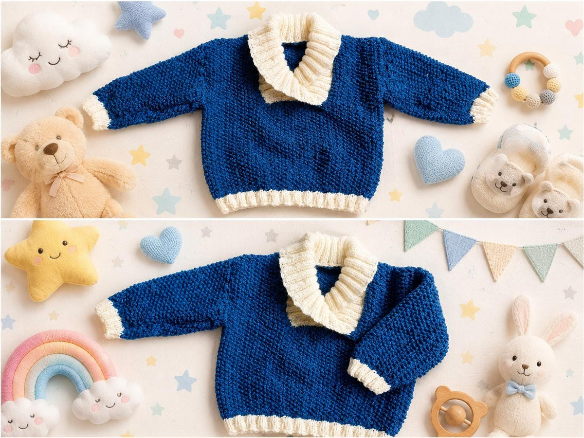Navy jumper in moss stitch with cream edging and wrap neck collar.